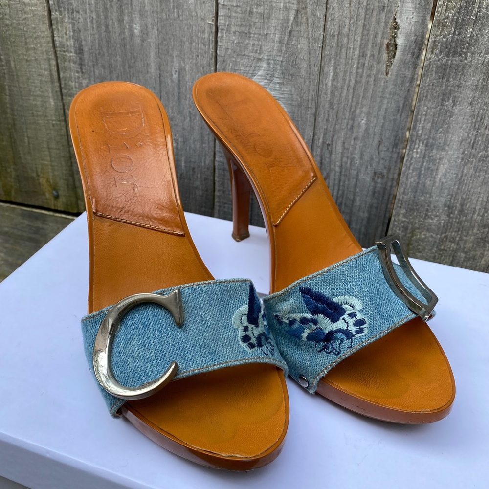 Christian Dior Denim Embroidered Butterfly Slides